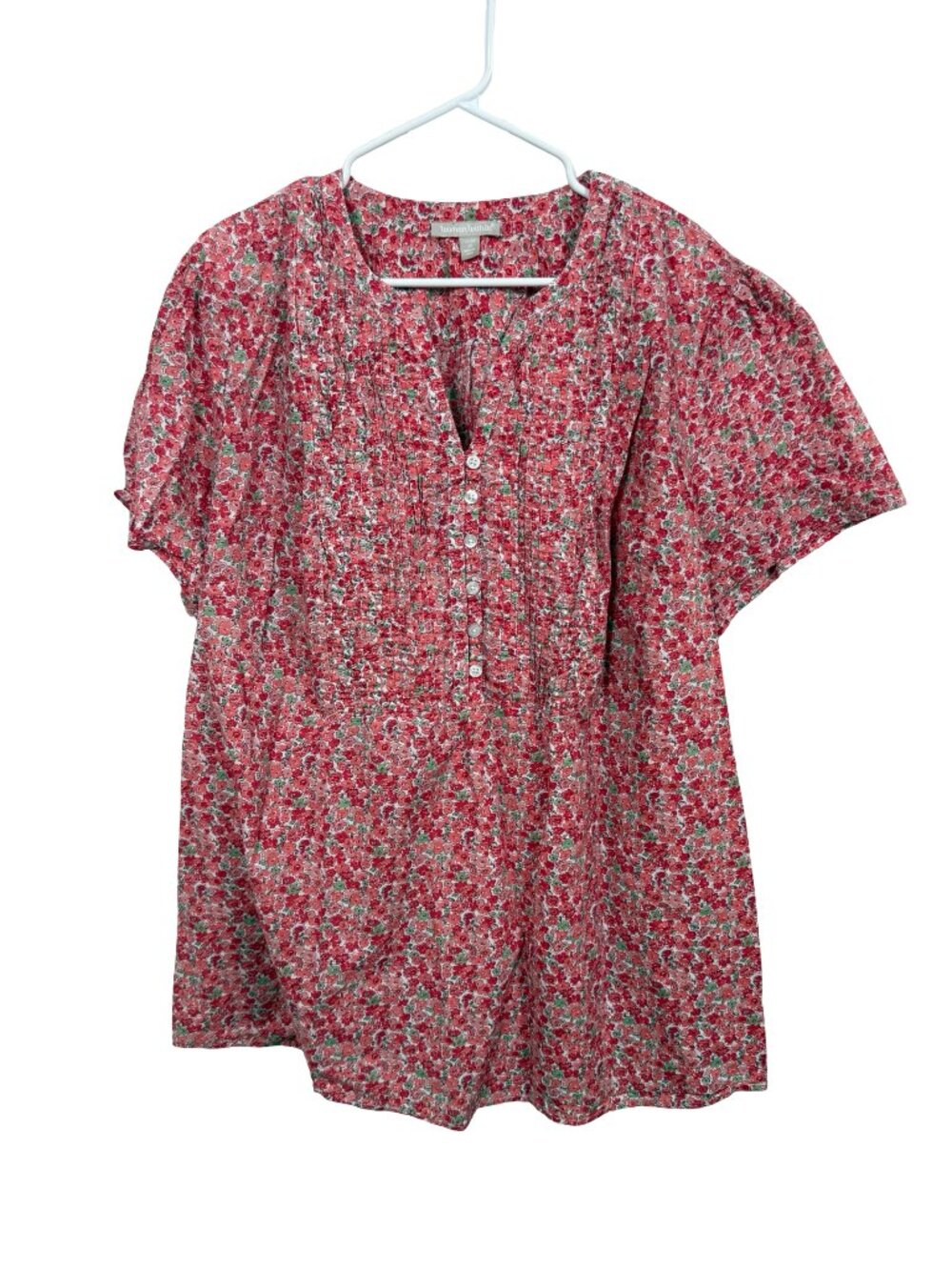 Woman Within Top Blouse Womens 2X 26/28 Pink Floral Cotton Pintuck Lightweight